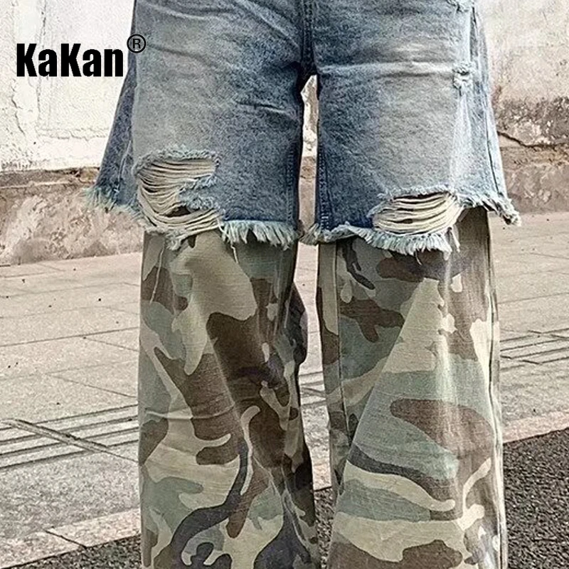 Kakan - New Men's Splicing Camouflage Jeans, y2k Men's Pants High Street Niche Wash Loose Wide Leg Long Jeans jeans man brand