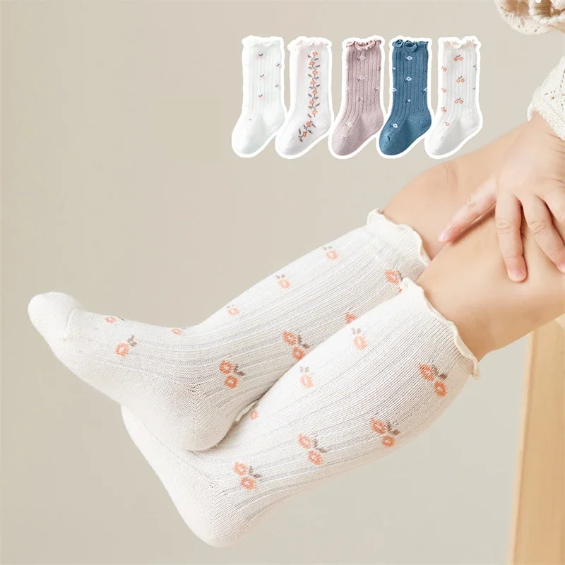 Spring Baby Ruffle Girls Socks Knee High Long Sock Kids Soft Cotton Toddlers Print Socks Children Princess Socks for 0-5 Years