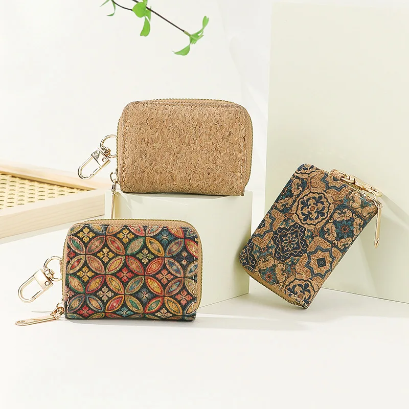 8pcs Card Holder Cork Leather Retro Plain Geometry Multifunctional Car Key Wallet