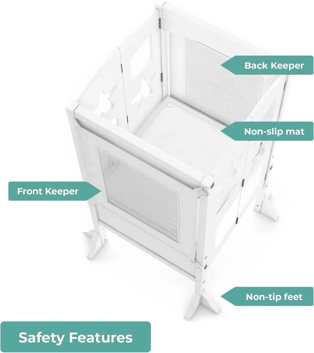 Classic Kitchen Helper® Stool - White with Keepers and Non-Slip Mat: Foldable, Adjustable Height Safety Cooking Tower for Toddle