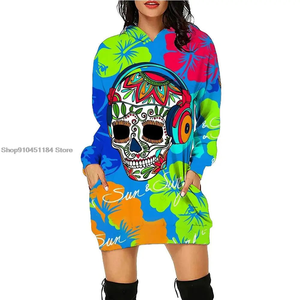 

Autumn Winter Sweatshirt Dress 3d Skull Pattern Long Sleeve Pullovers Fashion Medium Length Hoodie Casual Womens Hooded Tops