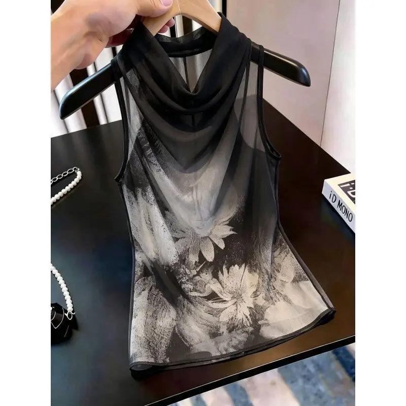 Retro Atmosphere Waterprint Sleeveless Shirt Women's Collar Slimming Commute Outerwear V-Neck Fashionable Summer Top