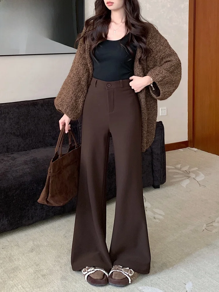 

Женские повседневные брюки с высокой талией, облегающие, цвет кофе, универсальные длинные брюки для молодых девушек, стиль для поездок на работу