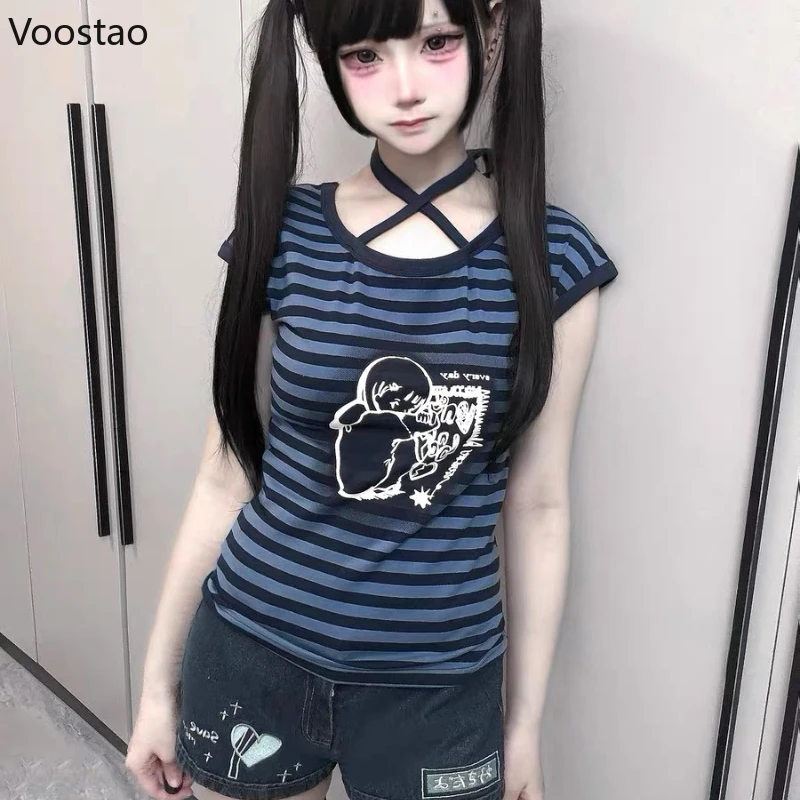 

Japanese Stripe Cartoon Print Casual T-Shirts Gothic Summer Vintage Harajuku Halter ​Tops Fairy Grunge Women Y2k Aesthetic Tees