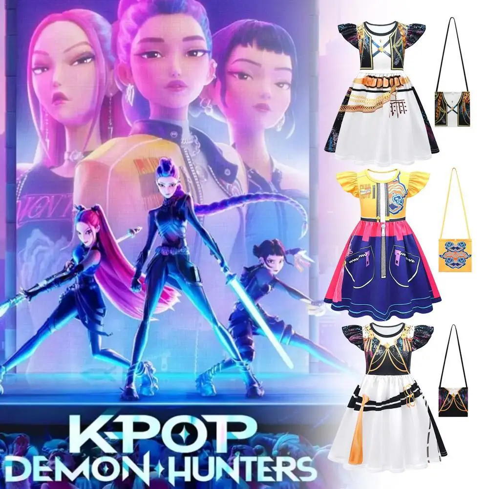 K-POP 悪魔ハンターコスプレ衣装子供のためのパフスリーブルミーゾーイミラドレスハロウィンアニメハンター分隊衣装