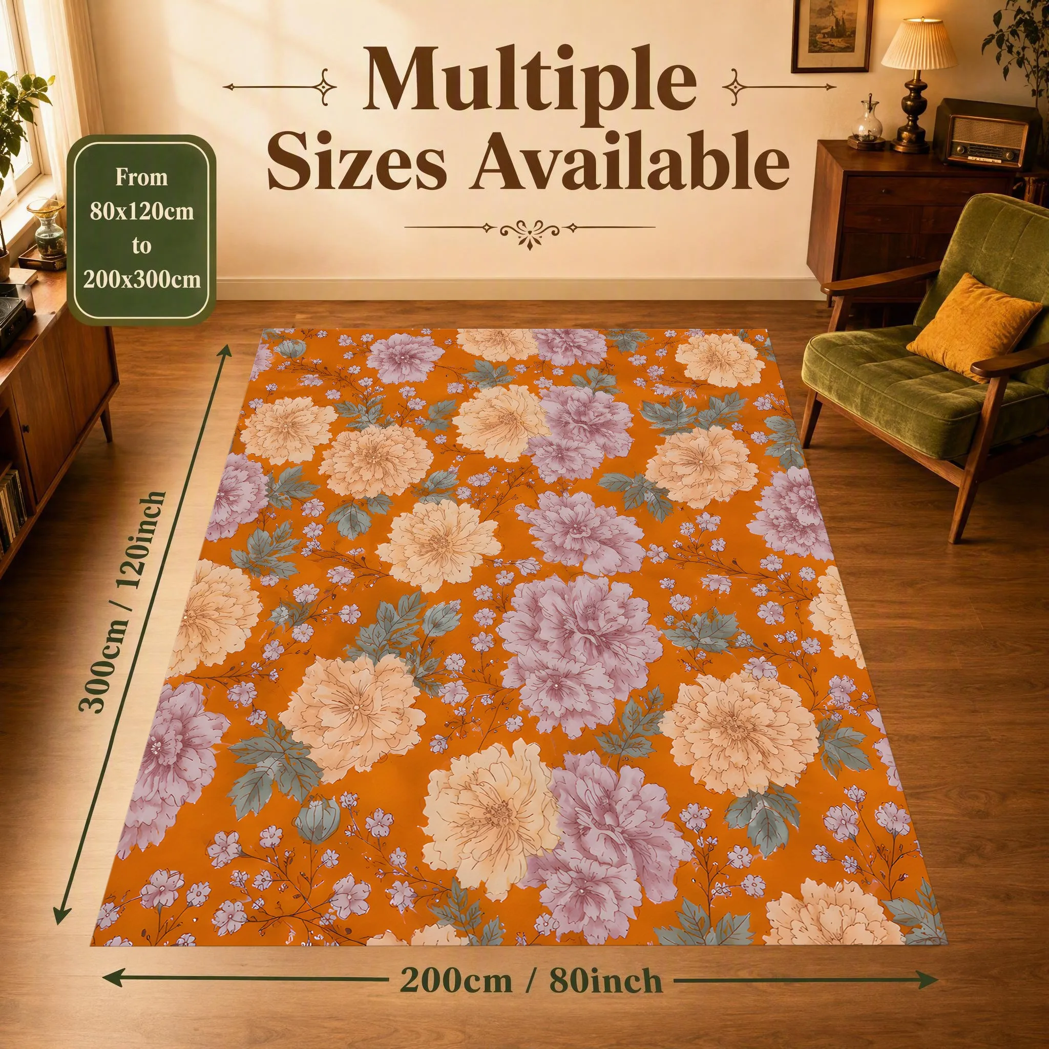 Retro Warm Orange Large Floral Print Velvet Rug, Pink Creamy Tones Soft Skin-Friendly for Living Room Bedroom Home Decor