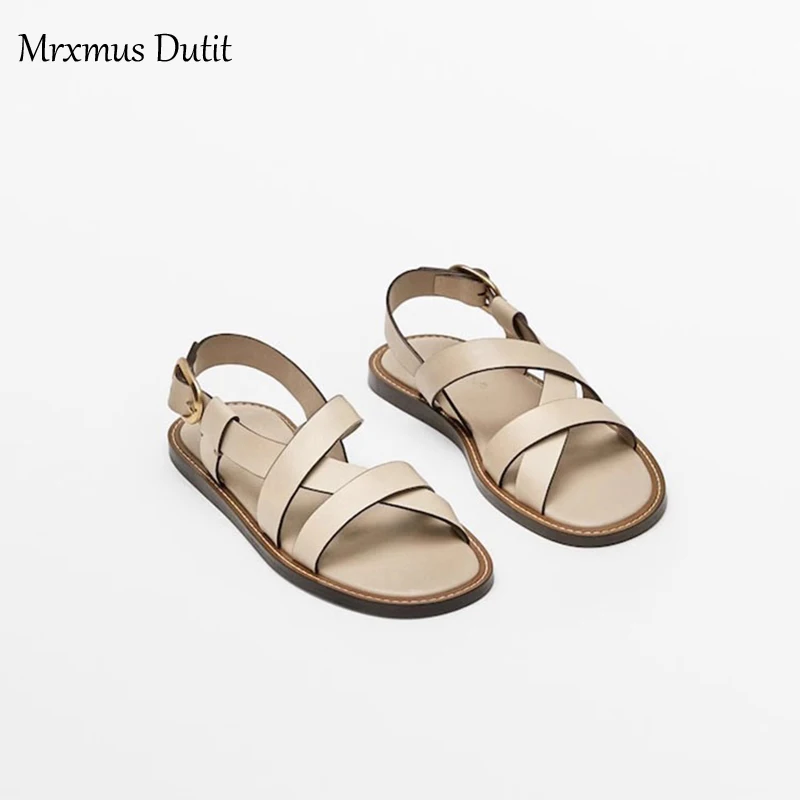 Mrxmus Dutit 2023 Spring Summer Fashion New Women Genuine Leather Round Head Flat Roman Sandals Simple Casual Shoes Female Chic