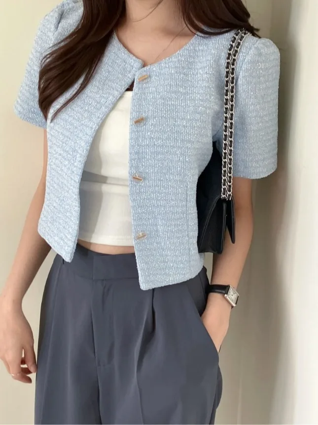 

Korean Chic Summer ort Bubble Sve Loose Fit round Ne Single Button Coat for Women Cotton 00% Commute Sle
