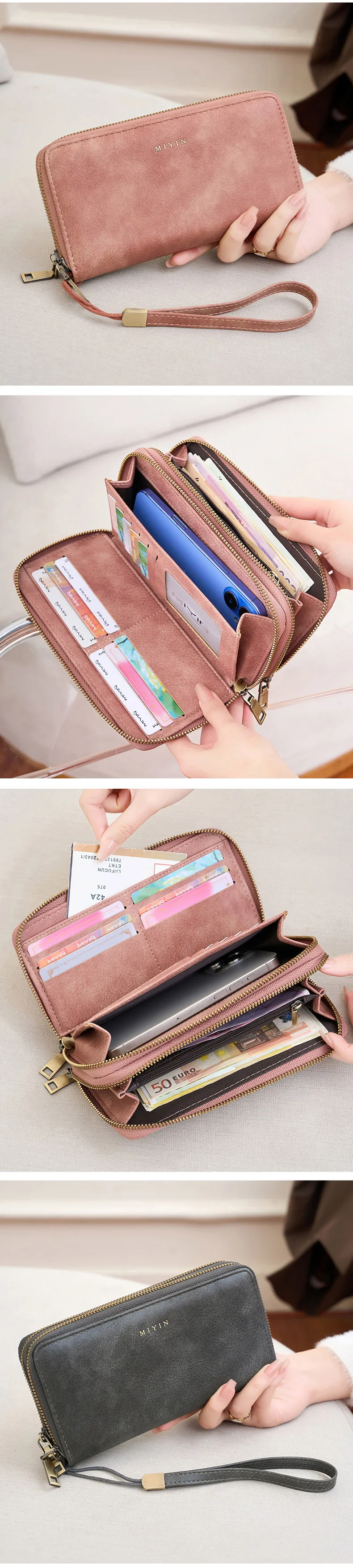 MIYIN Damen-Geldbörse, RFID-Abschirmung, Doppelreißverschluss, Damen-Clutch, Retro, minimalistisch, multifunktional, mit mehreren Kartenfächern, Kartenhalter – Detail 5