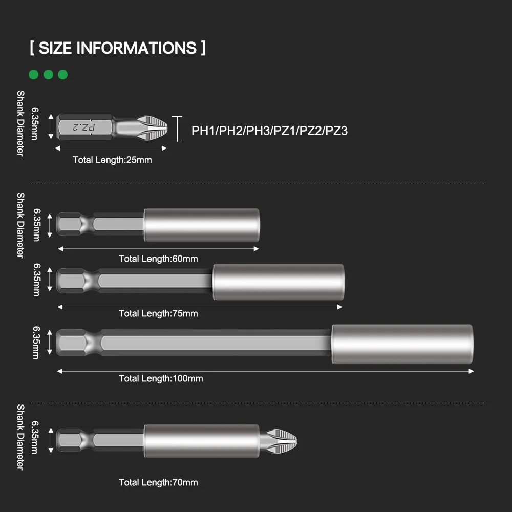 CR-V PZ/PH Pozidrive 필립스 비트, 육각 섕크 미끄럼 방지 스크루드라이버 비트, 마그네틱 싱글 헤드 PZ1 PZ2 PZ3 6.35mm, 10 개/로트, 25mm