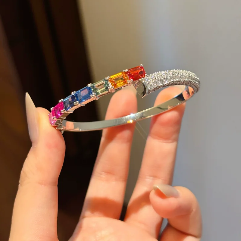 Bellux lab grown rainbow sapphire large carat emerald cut bracelet S925 silver fashionable shiny full diamond open bangle