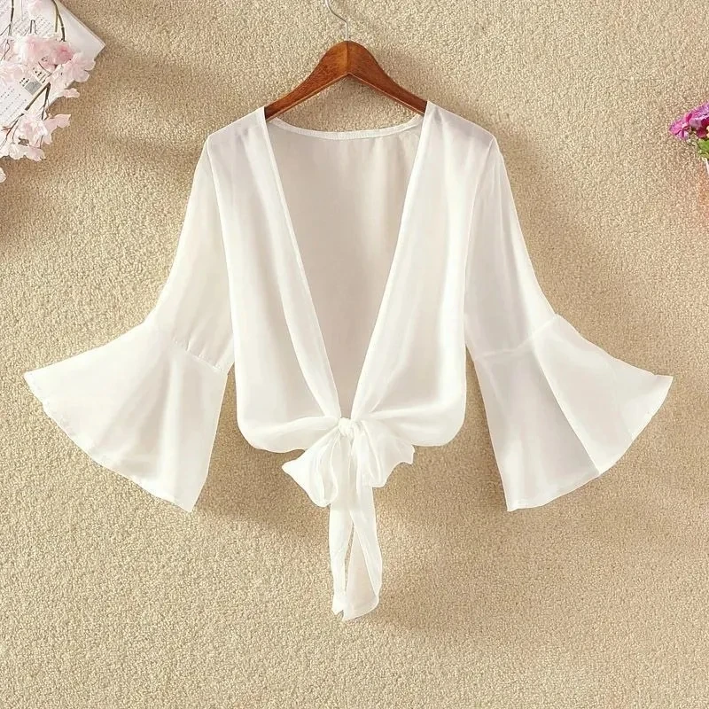 Korean Solid Chiffon Transparent Sunscreen Clothing Shawl Female Summer Blouse Cardigan Neck Guard Cloak Silk Scarf R13