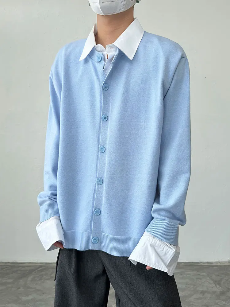 BKYC Autumn Winter Casual Knitted Sweater Fake Two-Piece Loose Fit Simple Collar Open Cardigan Coat for Men And Women