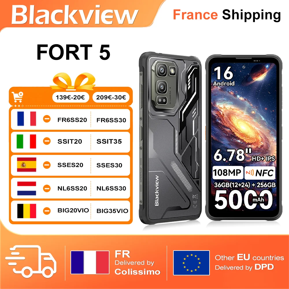 Blackview FORT 5 Le Smartphone Robuste le Plus Léger avec Capteur 108MP, Android 16 36GB(12+24)+256GB, 6,78" HD+ IPS, 5000mAh, NFC, 33W