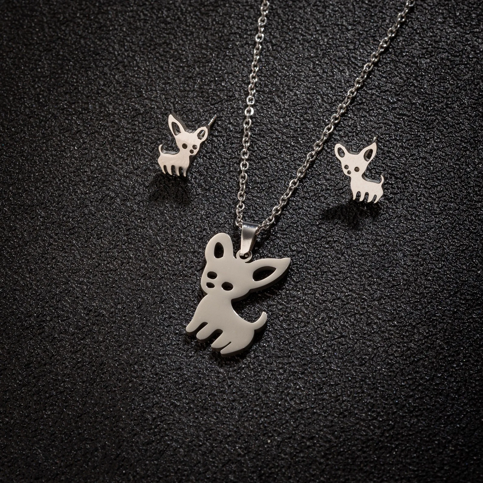 DIY accessories Cross-border fashion simple women's small stainless steel Chihuahua pet dog stud earrings pendant necklace three