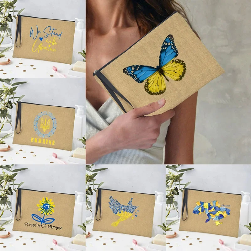 Organizador de maquillaje con patrón de Ucrania, estuche de lápices de lino con cremallera, bolsos de niña y mujer, colorido, mariposa, pájaro