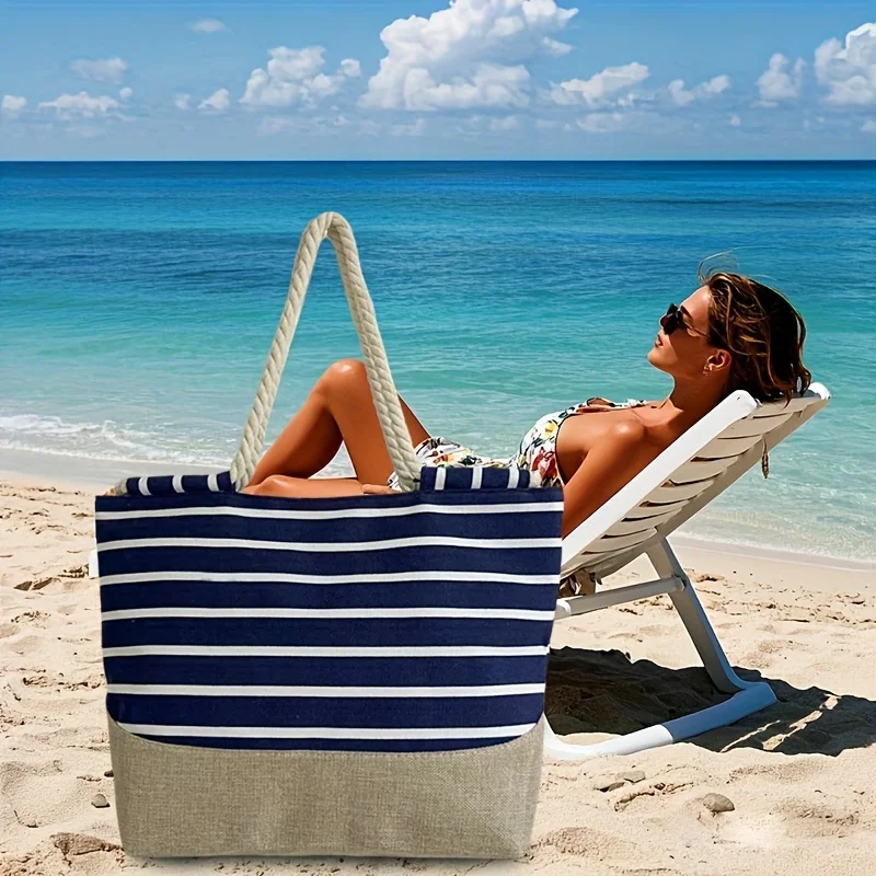 Vintage Bohemian Style Blue Striped Women's Tote Bag, Perfect for Travel, Shopping, and Daily Use, Large Capacity, Portable image 4