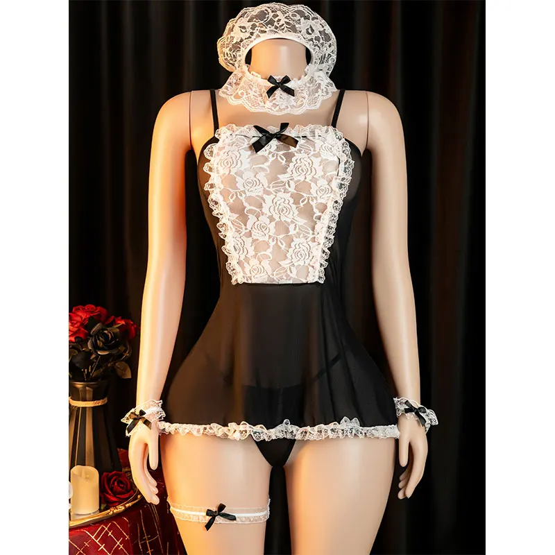 Sexy Plays 18 + Adult Erotica Wear Transparent Maid Uniform Suit Crotchless Lingerie Woman Babydoll Open Bra Night Dress For xxx