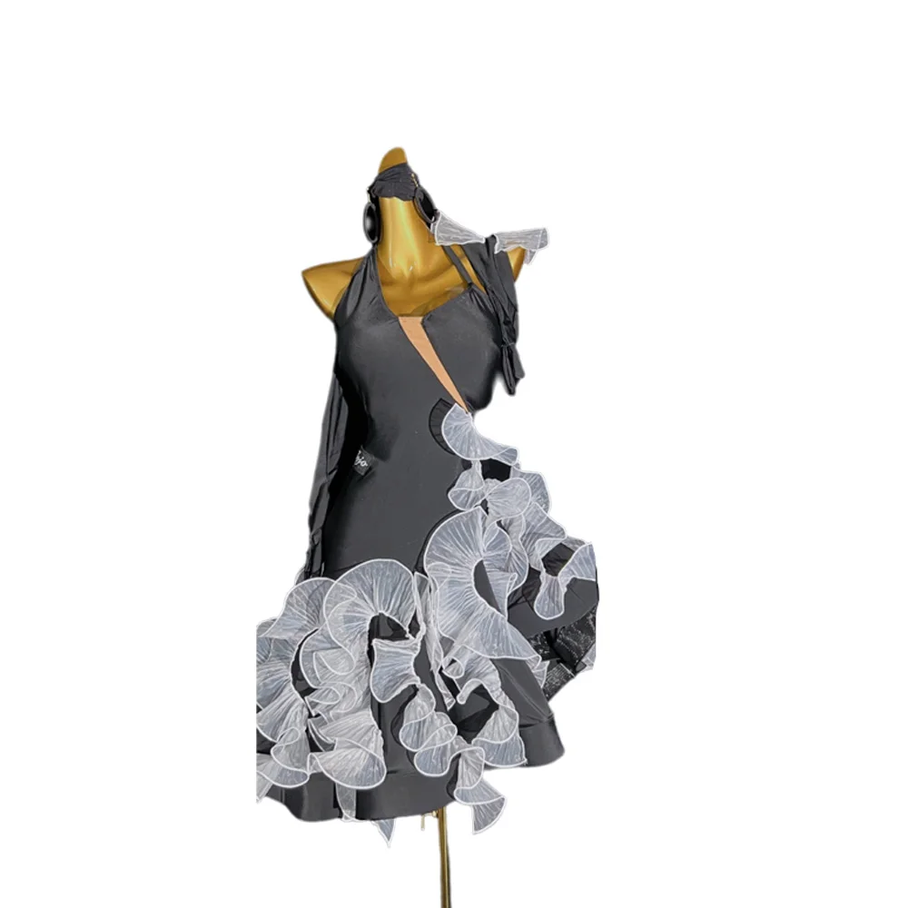 Latin Dancers, Adults, Children, High-End Customized Contrasting Mesh Skirt, Tango Samba AB Stone Performance Dress