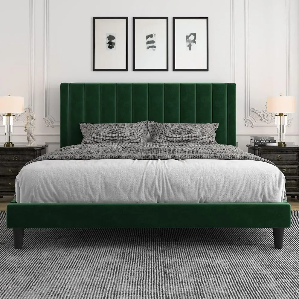 King Bed Frame/Velvet Upholstered Bed Frame with Vertical Channel Tufted Headboard/Strong Wooden Slats