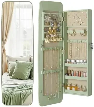 Rounded Mirror Jewelry Cabinet, Lockable, Wall Mounted, Green | Hanging Jewelry Armoire Organizer, Rounded Armoire with