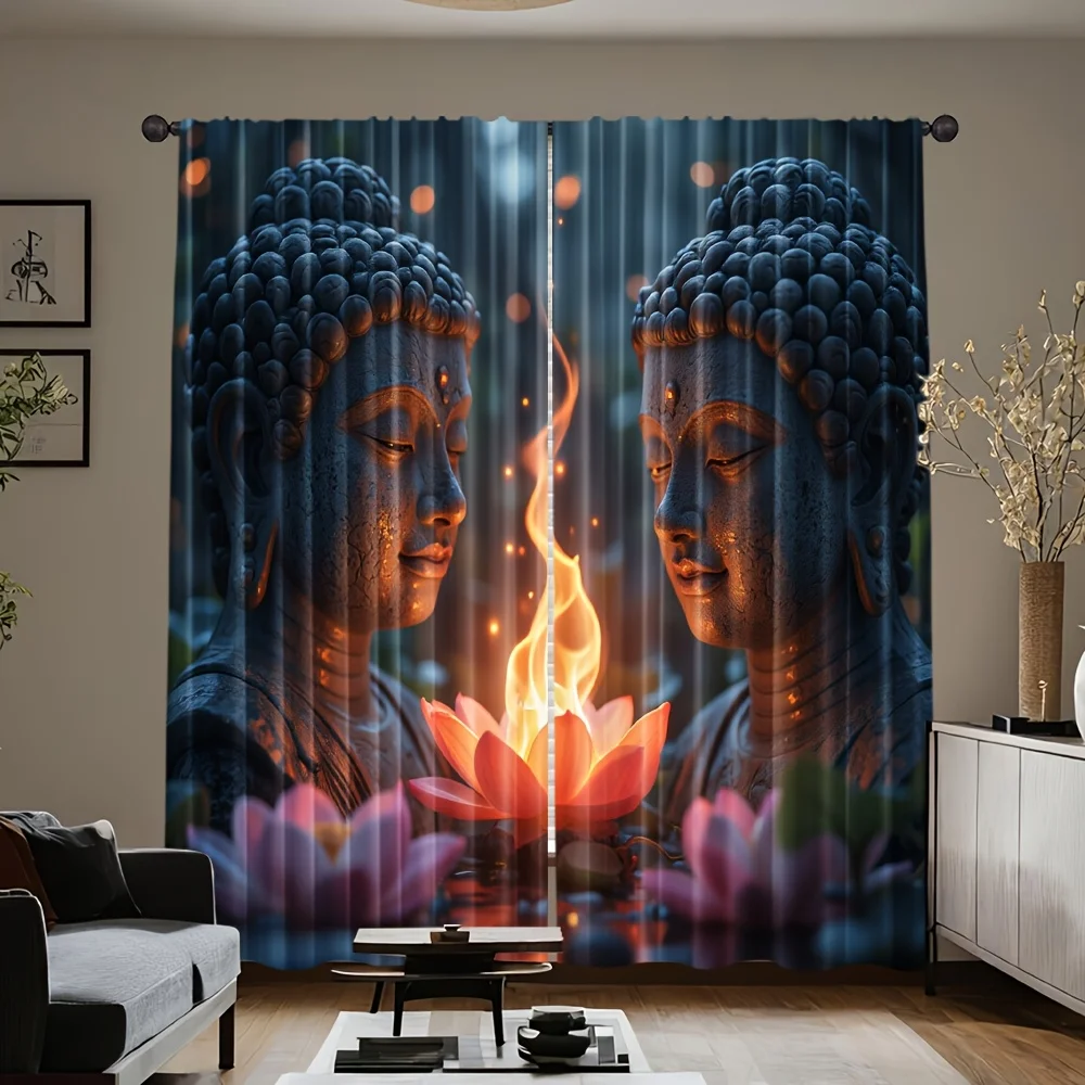 Buddha Lotus Curtains Zen Meditation Art Window Drapes Spiritual Flame Design Home Decor Peaceful Mind Theme Living Room
