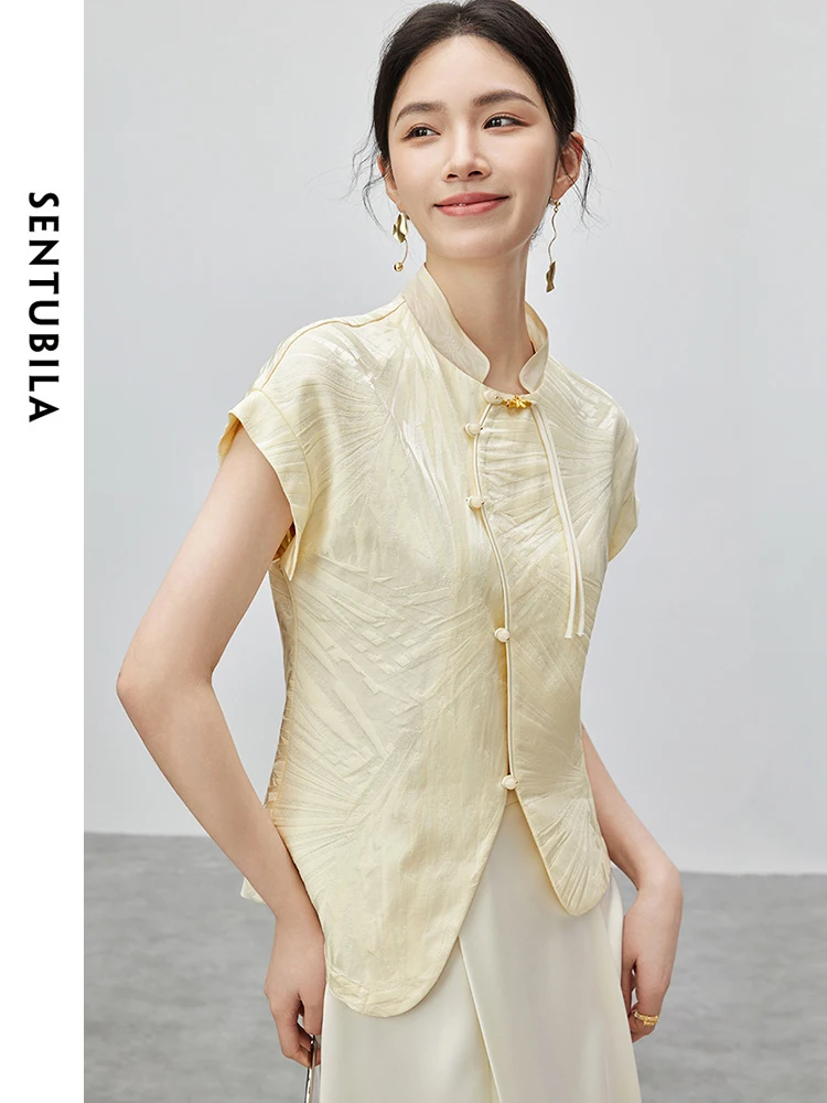 

SENTUBILA Fashion Spliced Round Neck Button Up Shirt 2024 Summer Chinese Style Irregular Hem Short Sleeve Blouses 142C55148