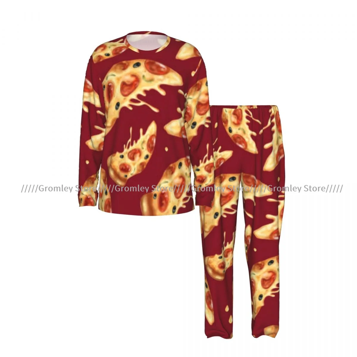 Men's Sleepwear Set Pepperoni Pizza Pattern Long Sleeve Top and Long Pants Pajamas Male Home Loungewear Nightwear
