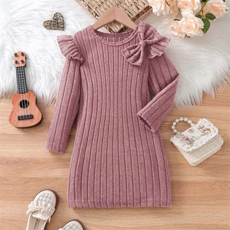 Vestido infantil de malha para meninas, cor sólida, laço, gola redonda, manga comprida, vestido casual, outono, vestido de princesa