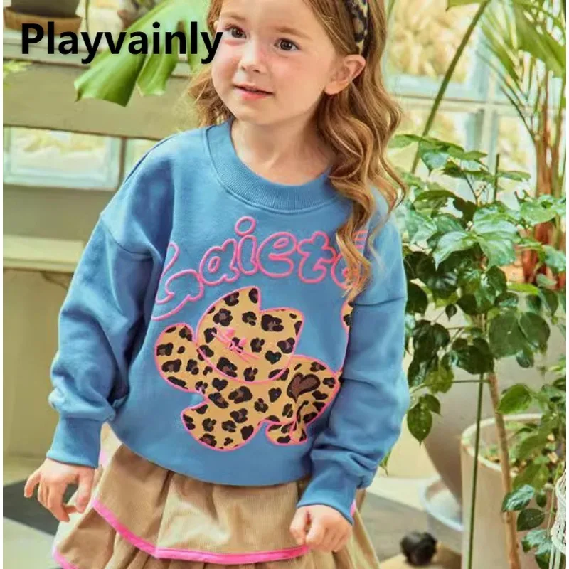 

Весенне-осенний повседневный пуловер для девочек, топ в корейском стиле, милый леопардовый кот, толстовки с буквенным принтом, детская модная толстовка с капюшоном W5001