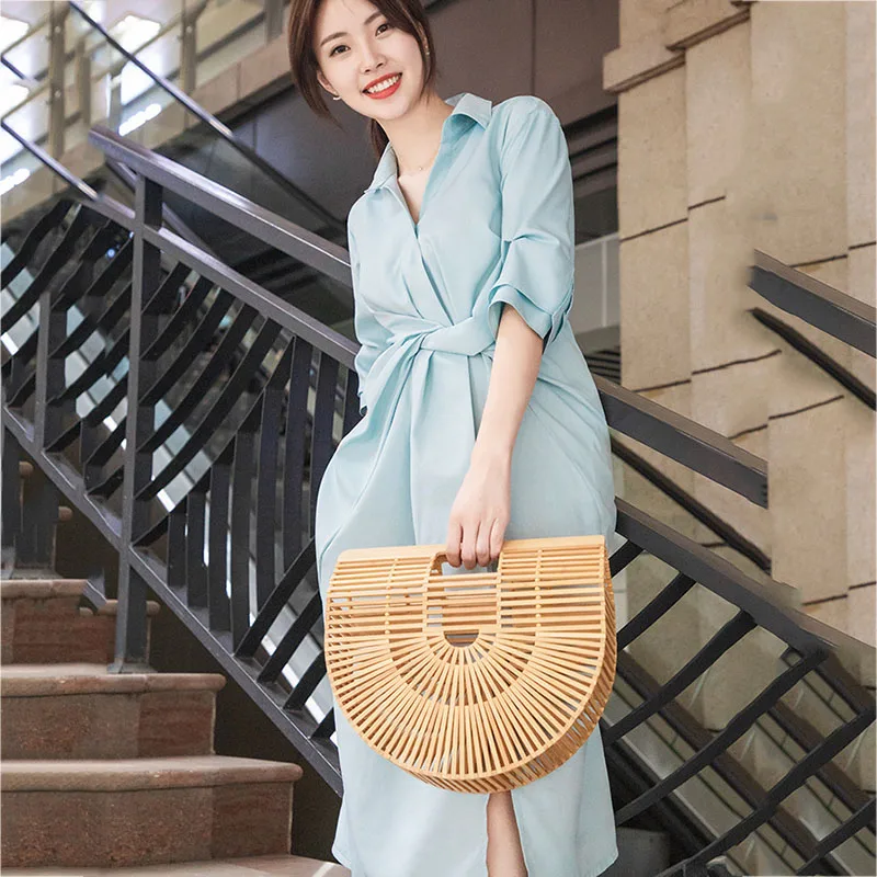 Fashion Straw Bag Bamboo Semi-circular Handbags High quality Hand woven Women Bags Bohemia Summer Ladies Beach Bag Bamboo Bags