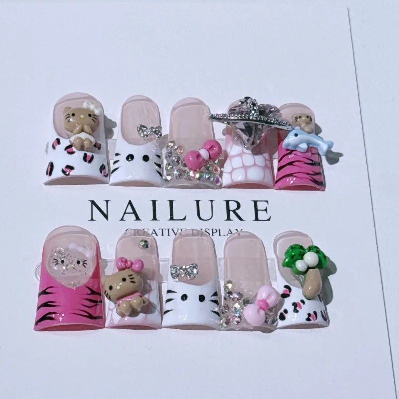 

10pcs Handmade Nail Tips French 3D Hello Kitty Charm Decor Fake Nails Mid-length Duck Press on Nail Korean Sweet Lady Fake Nails