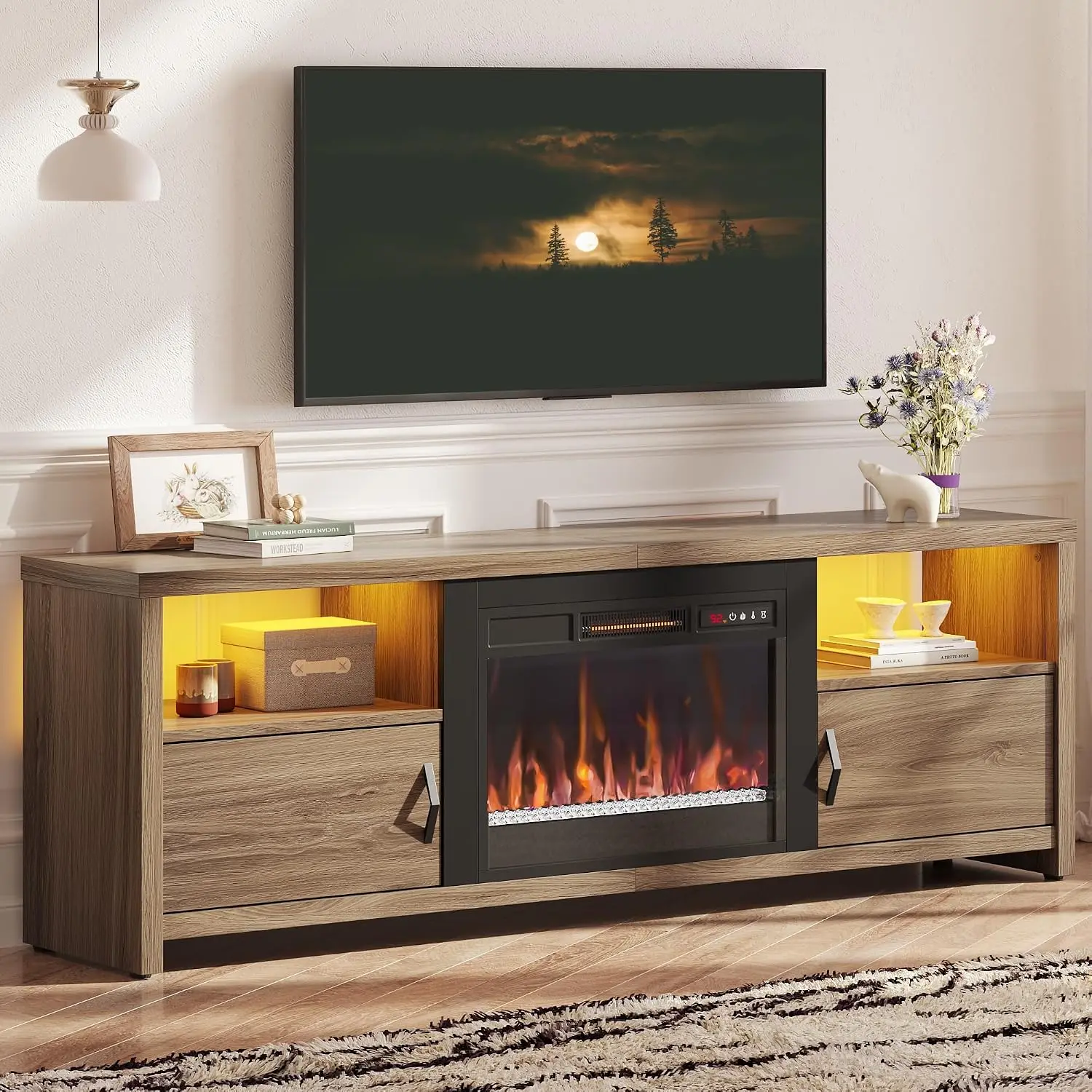 Fireplace TV Stand Entertainment Center LED Lights Storage Cabinets Adjustable Shelves Living Room 70