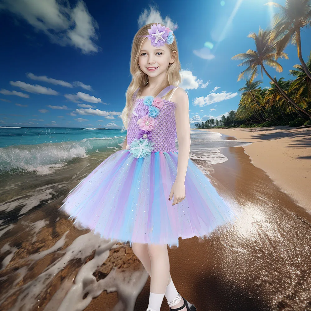 Girls Mermaid Tutu Dress with Flower Headband, Under the Sea Theme, Birthday Party, Carnaval, Halloween, Roxo, Oceano