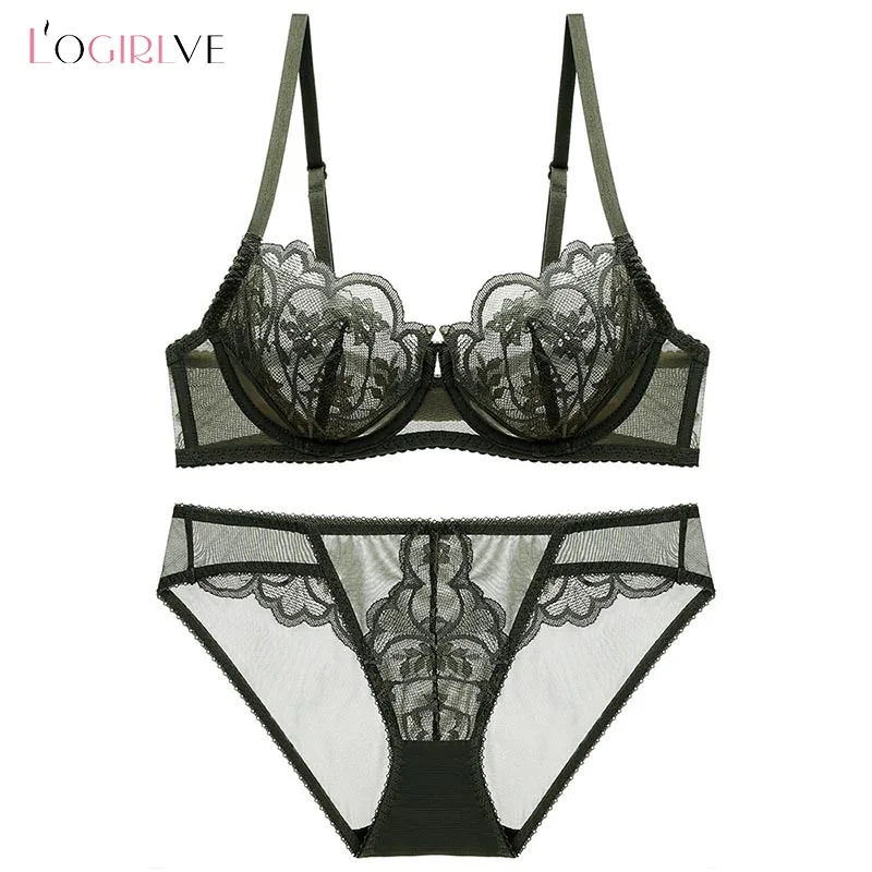 Logirlve Ultrathin Transparent Underwear Set Net yarn Brassiere Red Women Lingerie Sexy Plus Size CD Cup Bra Set Lace Embroidery