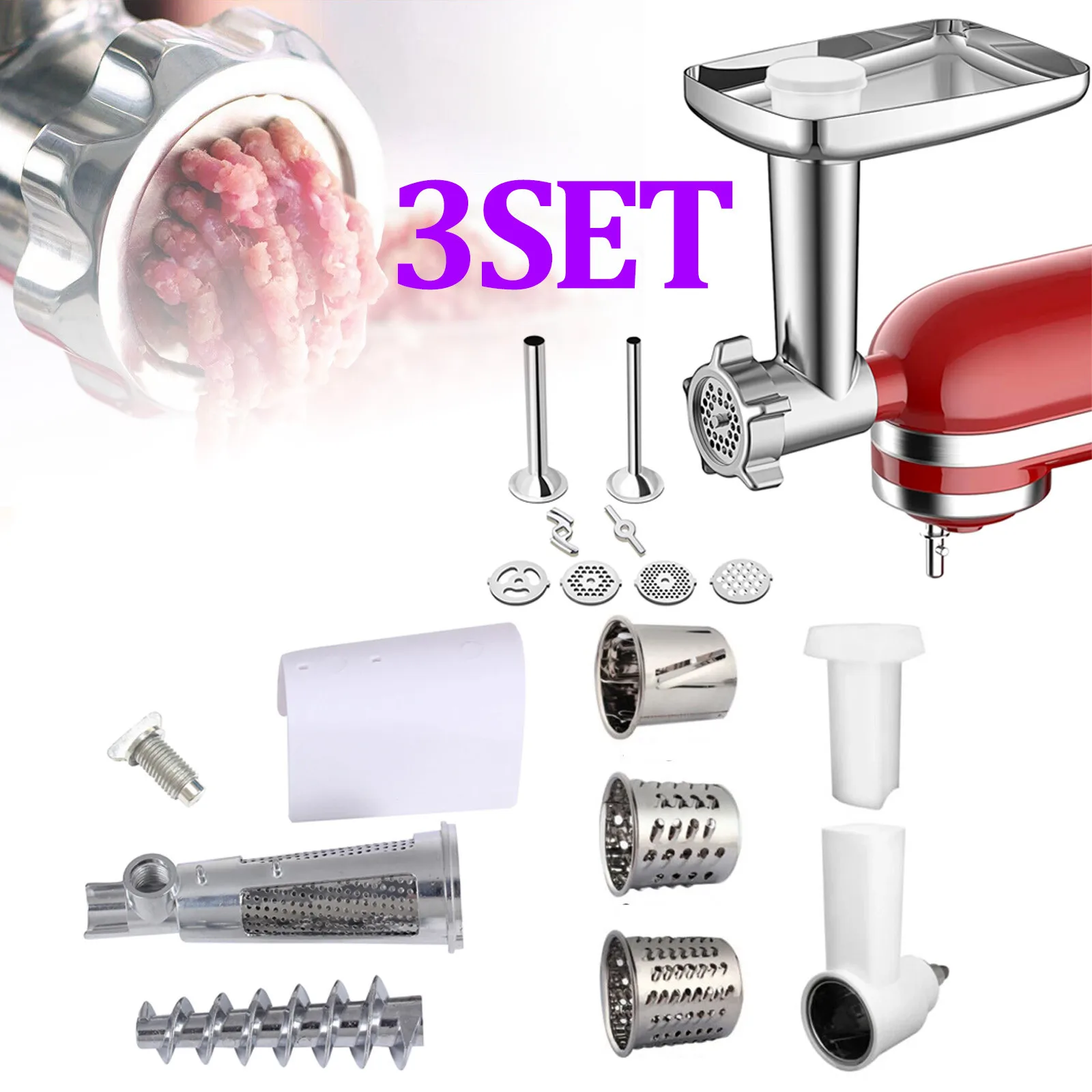 3Sets Stainless steel For KitchenAid Meat Grinder+Shredder Prep Slicer+Jams Juicer Stand Mixer Attachment