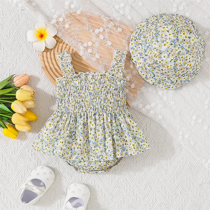 

2024 Ins Summer Baby Girls Rompers Cotton Daisy Printed Fitted Waist Infant Girls Dress Wrapped Strappy Newborn Girl Bodysuit