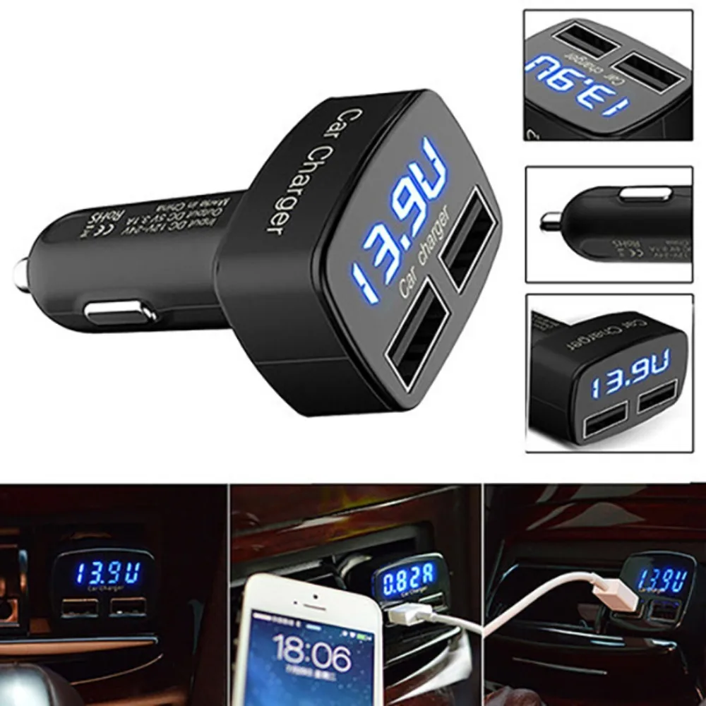 Auto Accessories 5V 3.1A Car Charger Multifunction Dual USB Phone Charger 4 in 1 Quick Charge Temp/Voltage/Current Meter Tester