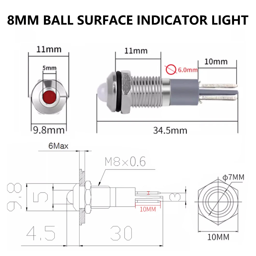 ABILKEEN 20PCS 8MM Metal LED Indicator Light Ball/Flat Surface Industrial Signal Pilot Light IP65 Waterproof LED Pilot Lamp