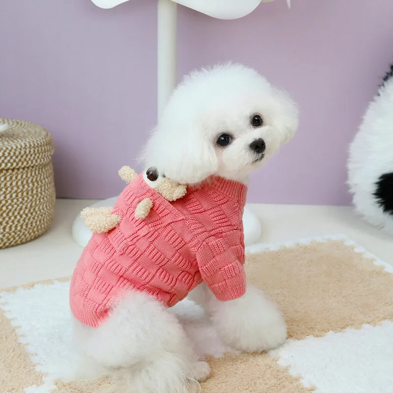 Sweet Pocket Bear Sweater Pet Dog High Definition Knit Sweater Solid Colour Dog Clothes Schnauzer Autumn and Winter Warm Clothes