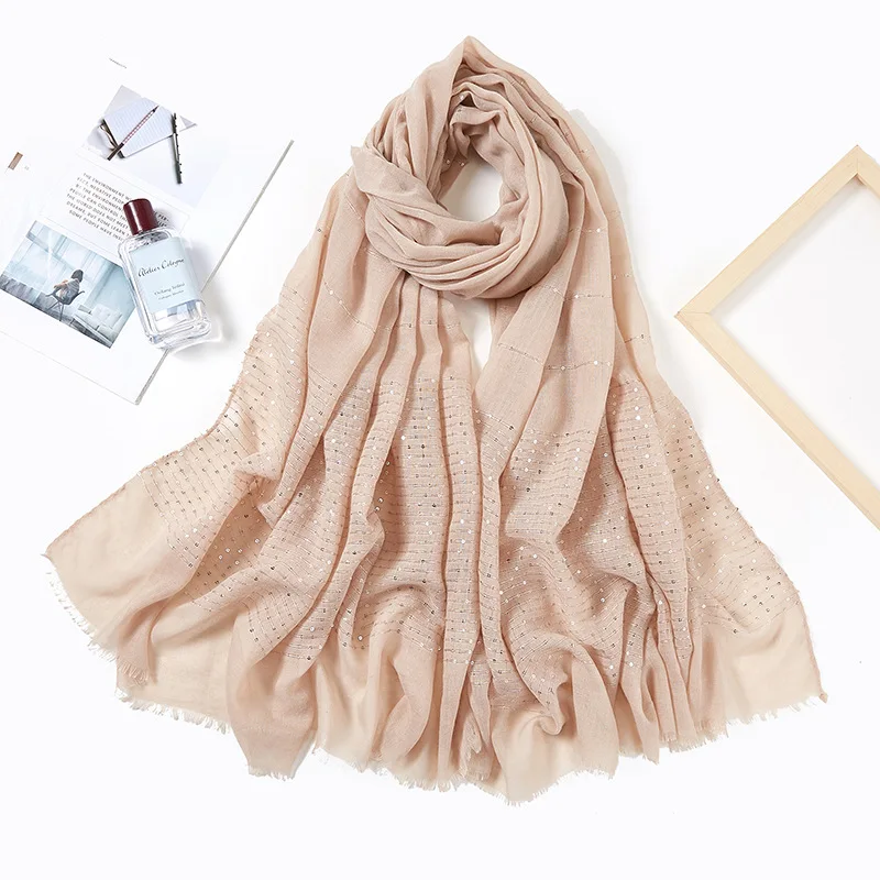 Trendy Sequins Cotton Scarf Muslim Hijabs For Women Headscarf Soft Cotton Linen Tassel Sequins Islamic Hijab Shawls And Wraps