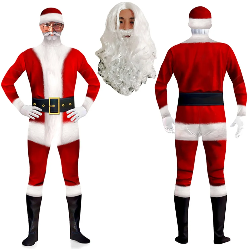 3D Printed Santa Claus Cosplay Jumpsuit Halloween Fantasia Wig Costume Xmas Roleplay For Men Adult Carnival Suit