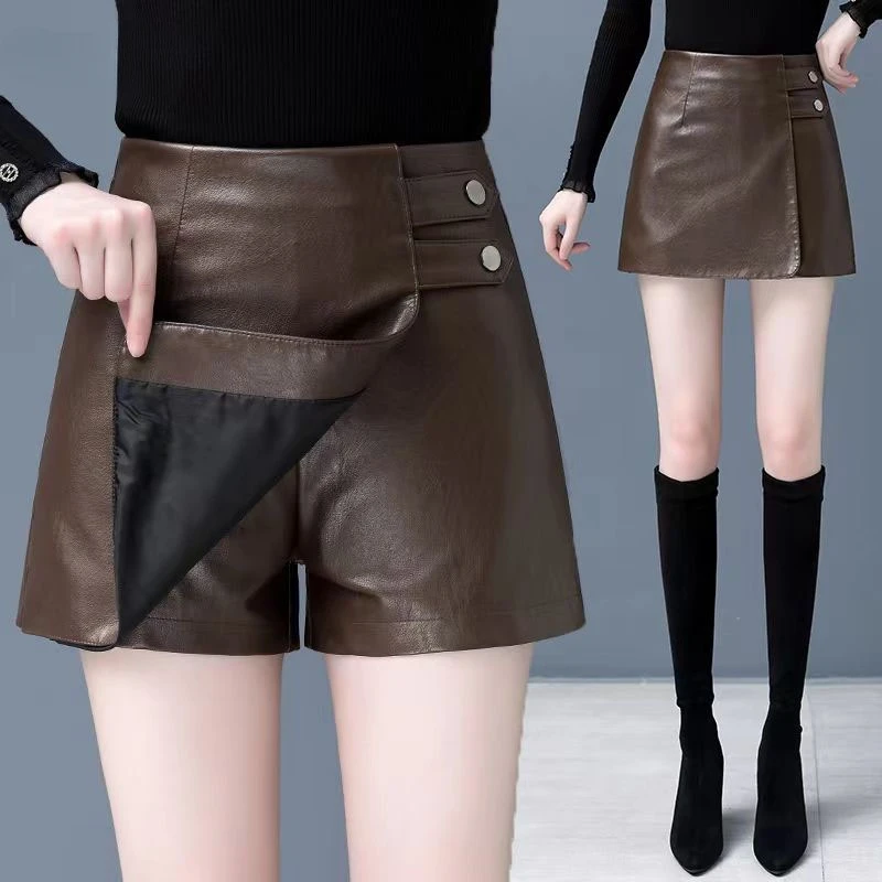 

All-match Solid Color Shorts Patchwork Skirt Women's Clothing Autumn Casual Commute High Waist Leather Skirts for Female Z380