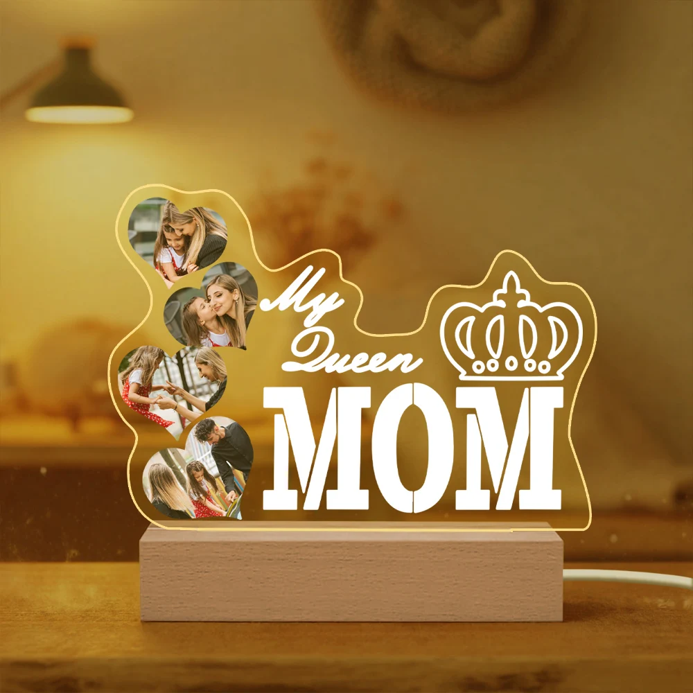 Custom Acrylic Night Light for Mom Personalized Photo LED Dimmable Plug-in Nightlight with USB Cable Mother's Birthday Day Gift