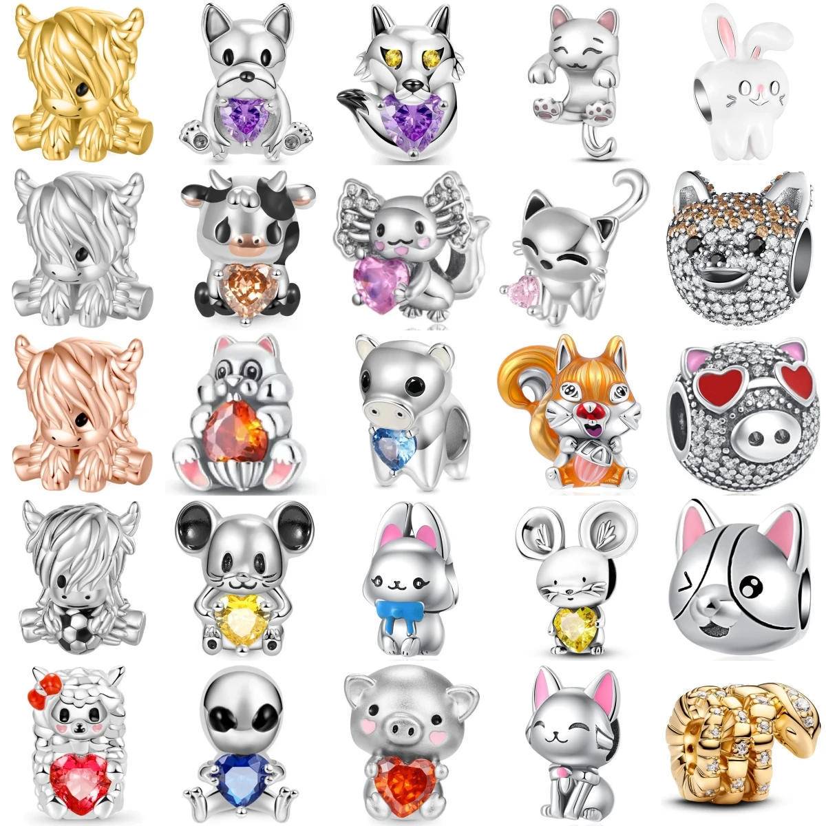 925 Sterling Silver Animal Charms Fox Squirrel Panda Dog  Bulldog Alien Sheep Lamb Bead Pendant for Women DIY Jewelry Gift