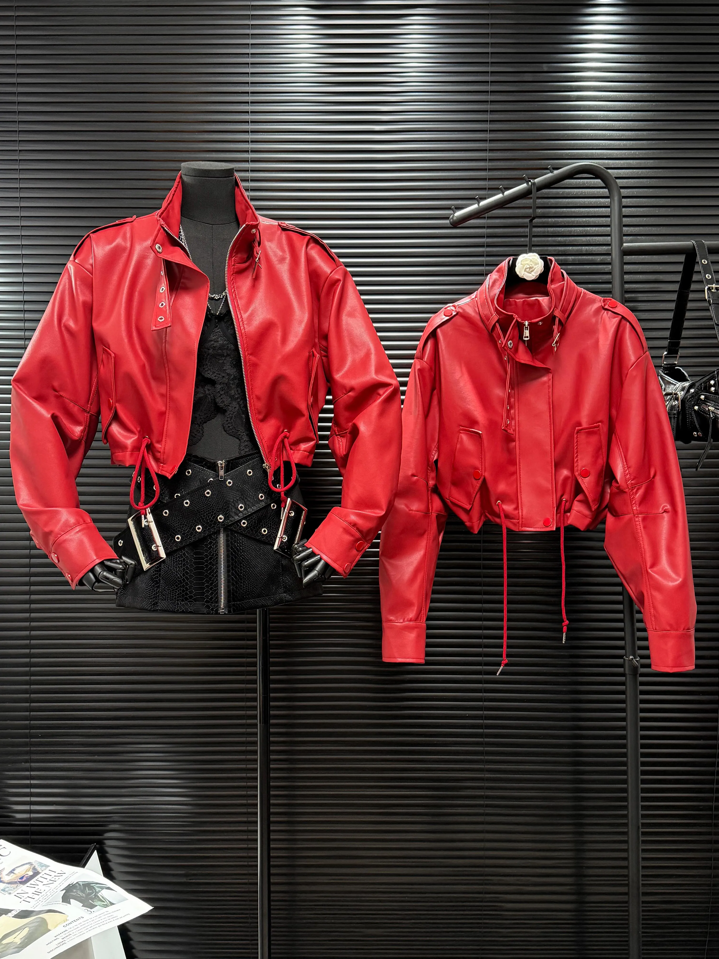 Women's Vintage Stand Collar Long Sleeve Pu Leather Short Jacket Lady Streetwear Solid Color Zip Up Faux Leather Loose Outwear