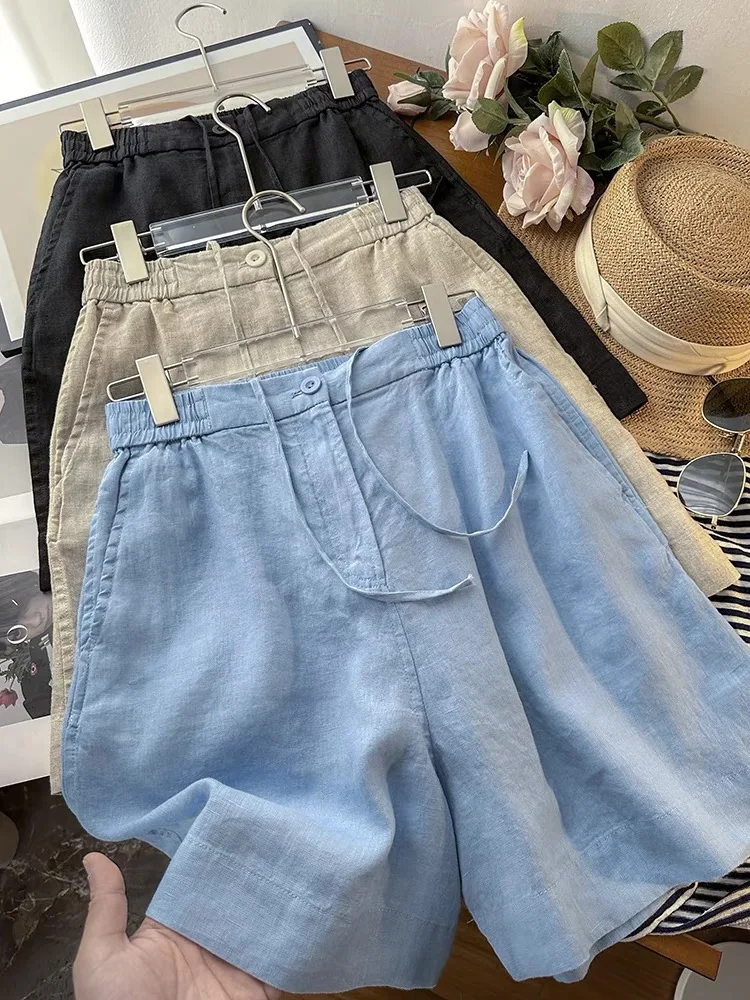 Pantaloni ort di lino di cotone di fascia alta Donna Estate Vita elastica sottile Pantaloni casual a gamba larga a gamba dritta Taglia piccola Lin versatile...