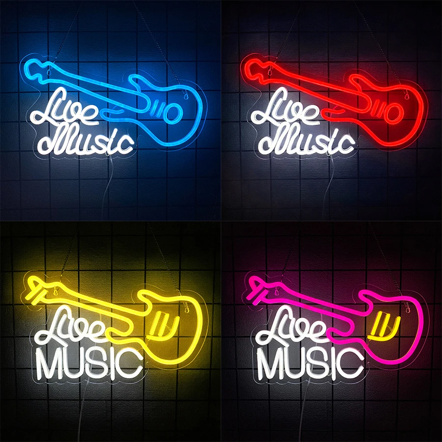 Live Music Led Neon Sign, Guitar Icon Guitarist'S Best Gift, Suitable For Bedroom Home Music Studio Live Music Bar Club Decor.