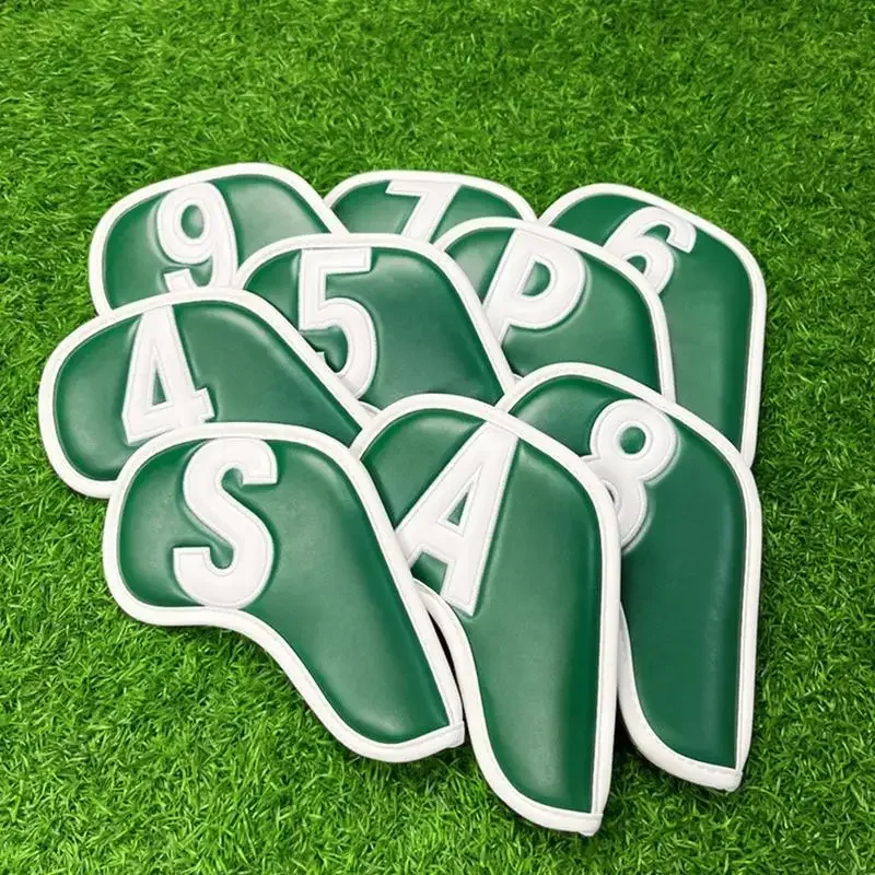 9pcs Golf Iron Head Covers Green PU Leather Golf Club Cover 4 5 6 7 8 9 P A S X Protector Waterproof Headcovers Golf Supplies