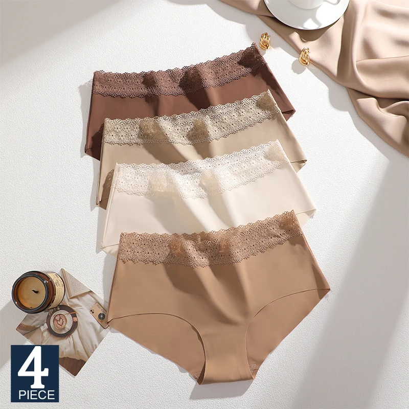 FINETOO 4 Stück Sexy Spitzen-Slips Damenunterwäsche Große Größen Nahtlose Weiche Damenslips Niedrige Taille Dessous